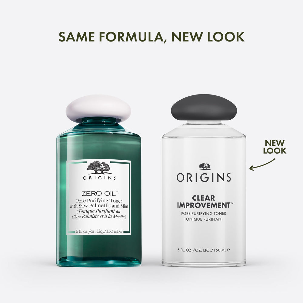 Pouring Origins Clear Improvement toner onto hand for cleansing action.