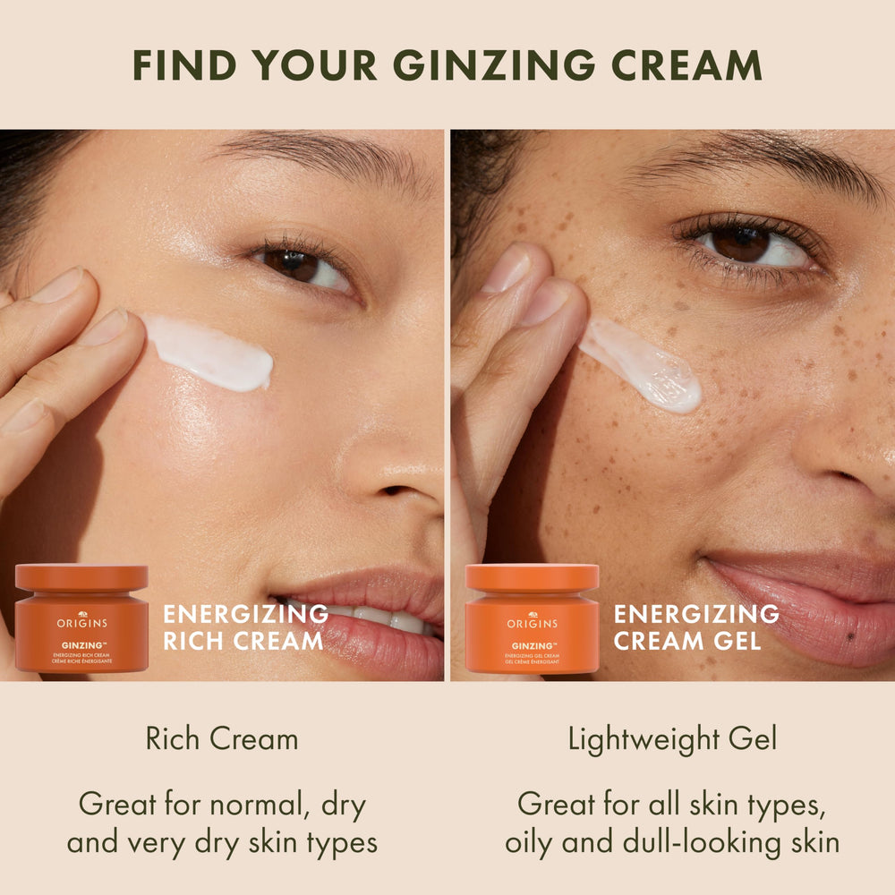 Hands massaging Origins GinZing Energizing Gel Cream into a clean face