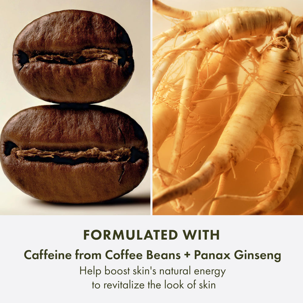 Origins GinZing caffeine and ginseng ingredients illustrated for energizing skin.