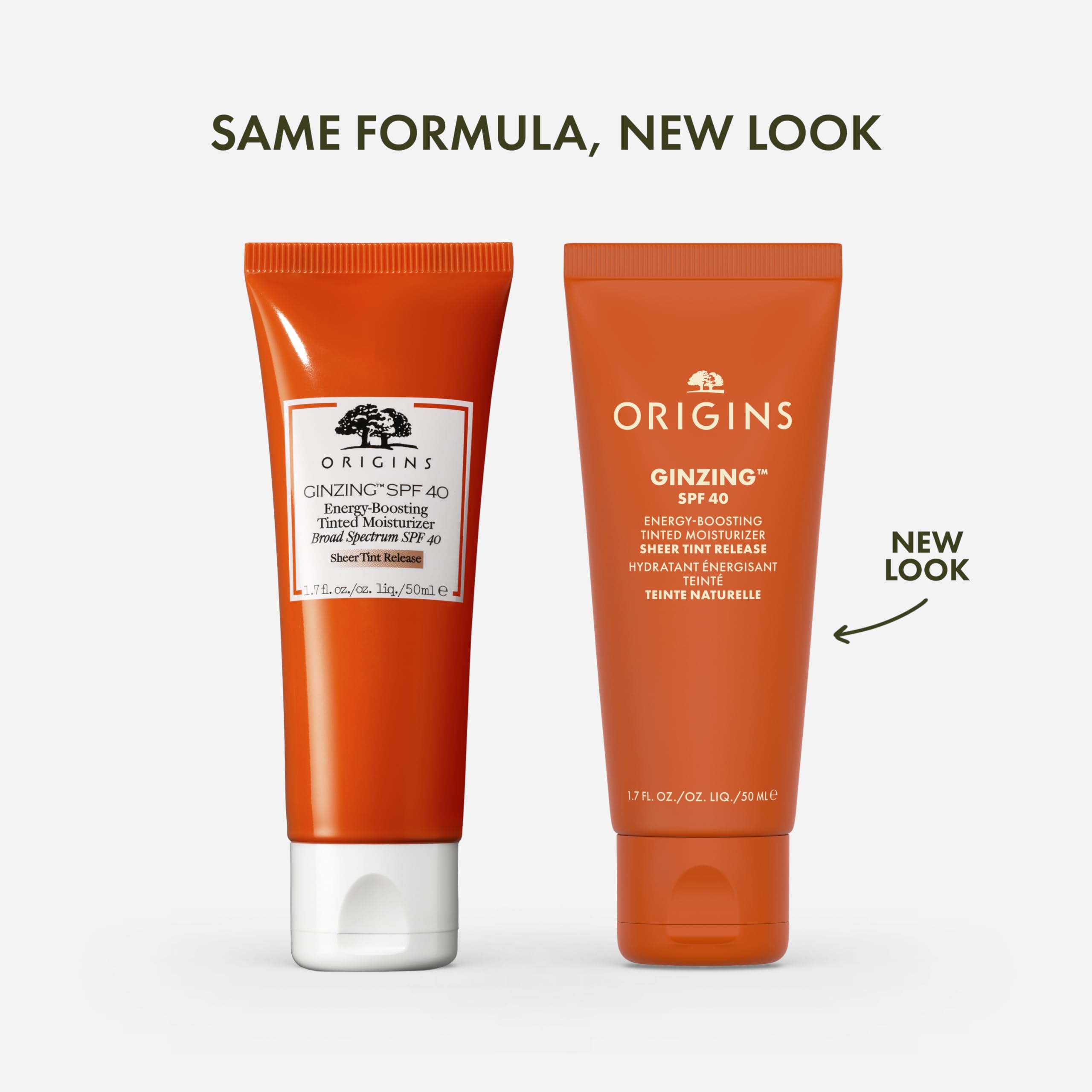 Origins GinZing SPF40 claim paired with subtle glow swatch.