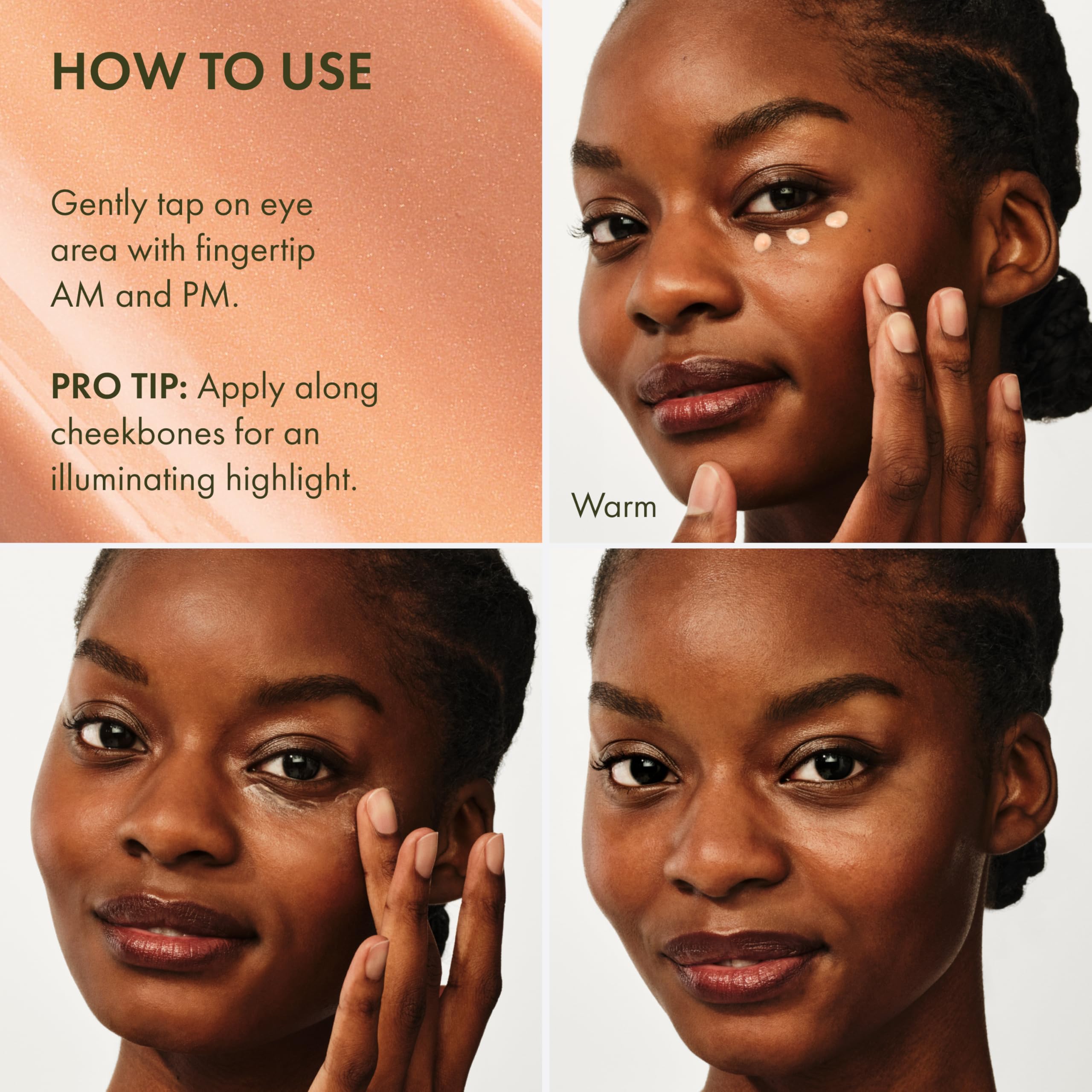 Hydrated under-eye skin with Origins GinZing eye cream texture.