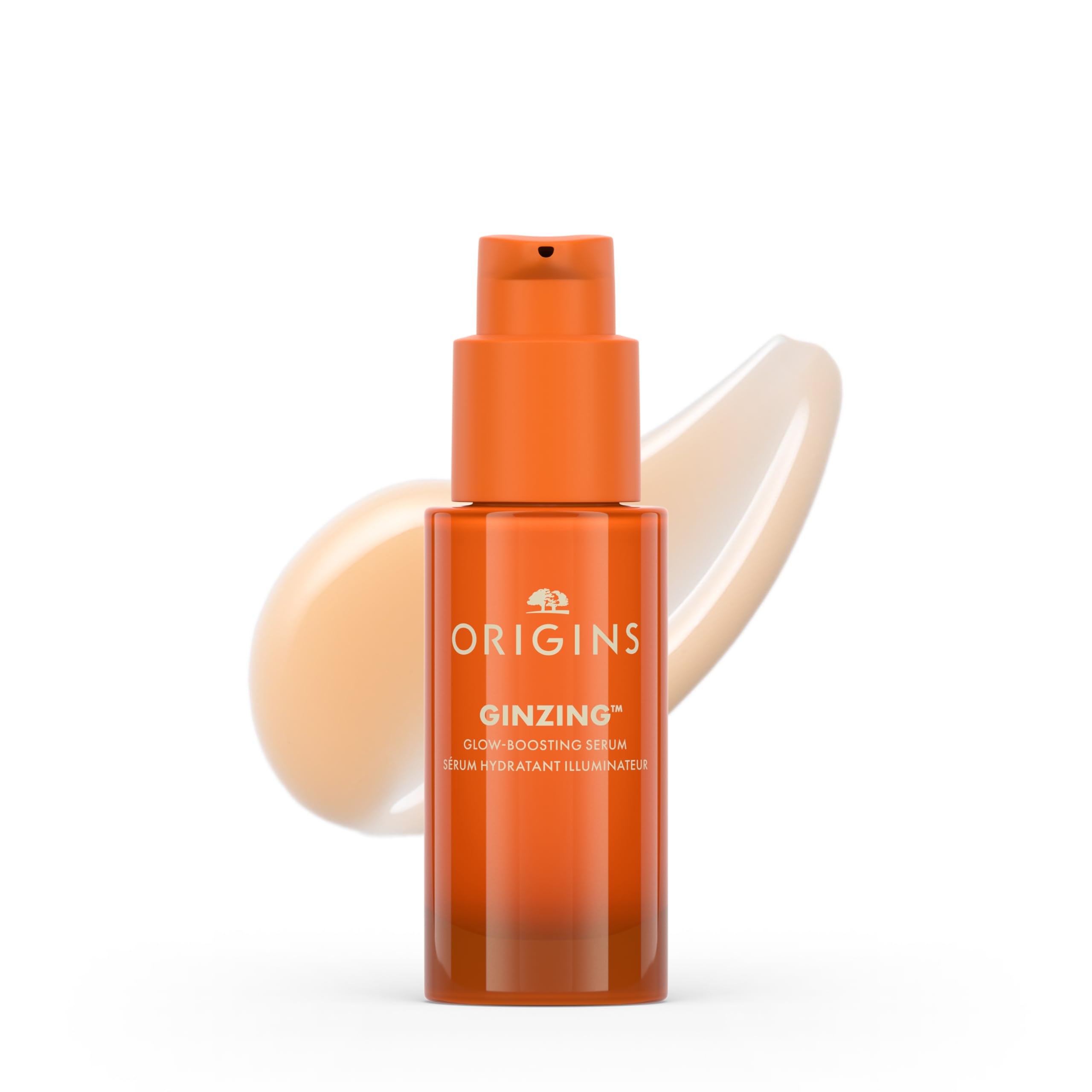 Origins GinZing glow serum bottle brightens skin with hydration.