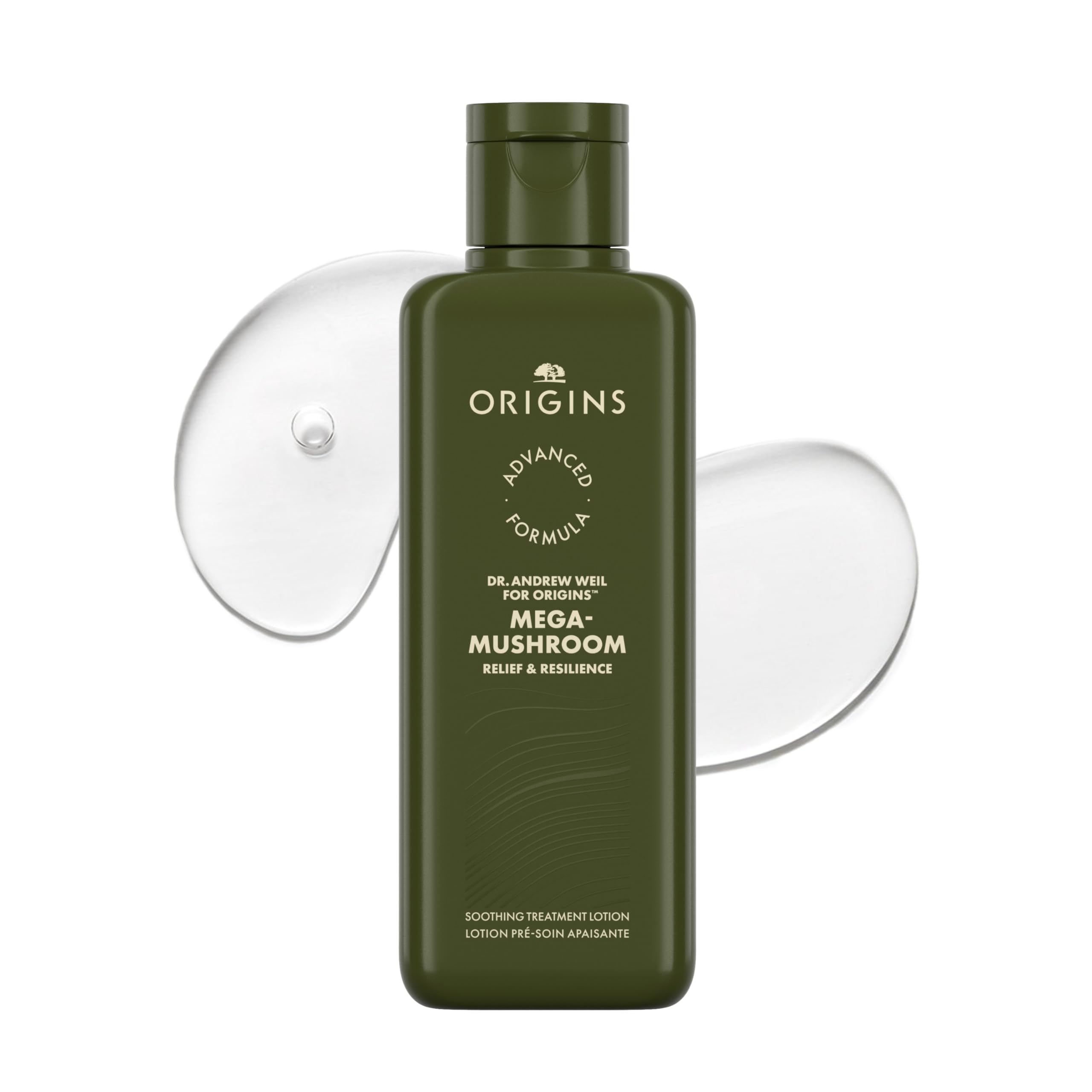 Origins Mega-Mushroom Relief bottle with pump, showing lightweight soothing hydration.
