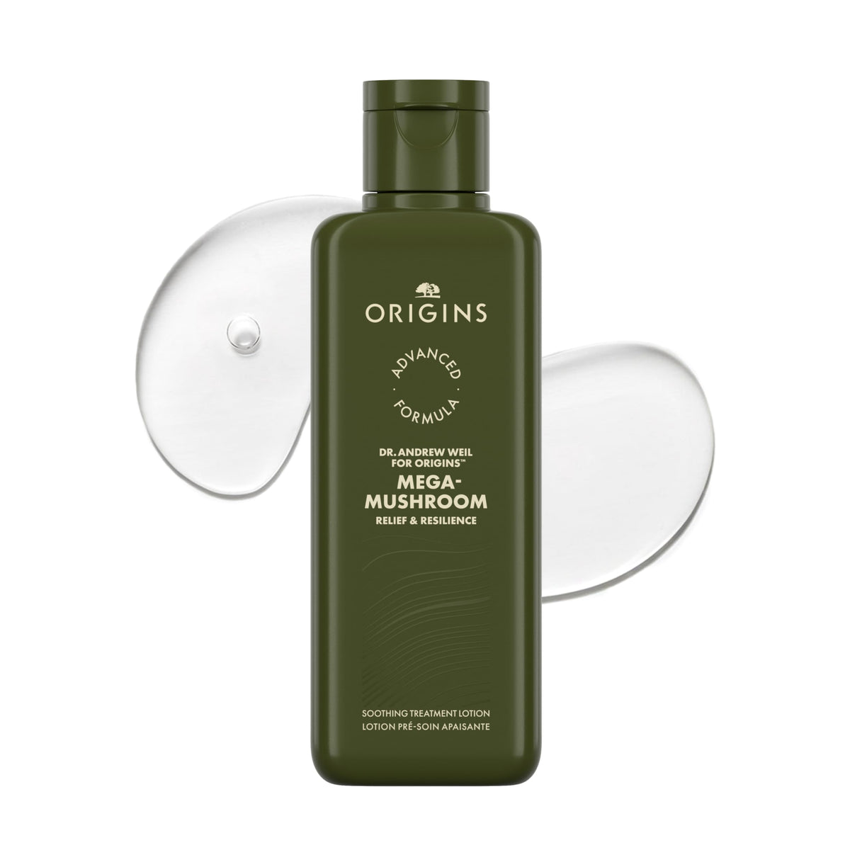 Origins Mega-Mushroom Relief bottle with pump, showing lightweight soothing hydration.