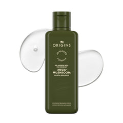 Origins Mega-Mushroom Relief bottle with pump, showing lightweight soothing hydration.