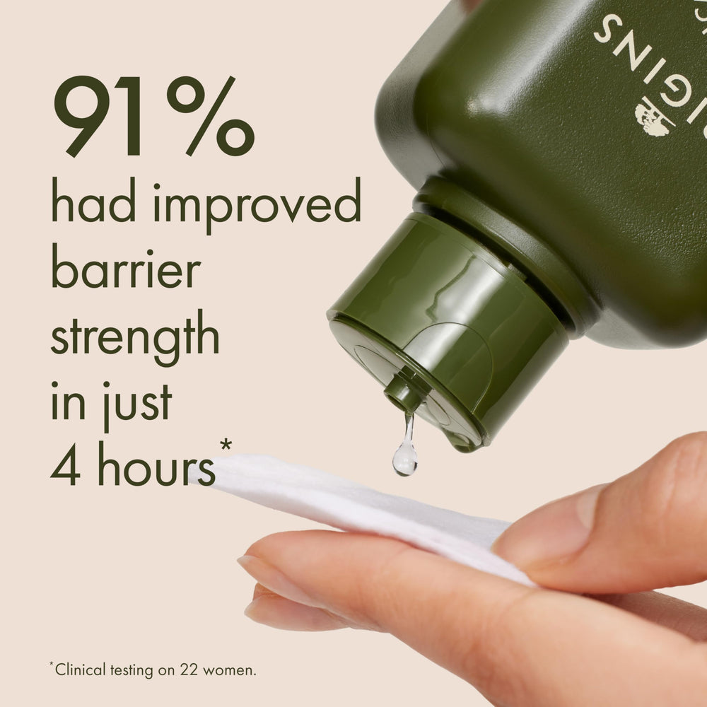 Origins Mega-Mushroom Relief being applied to the face for calm skin.