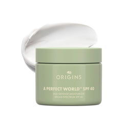 Origins A Perfect World moisturizer bottle front shows SPF 40 for daily protection.