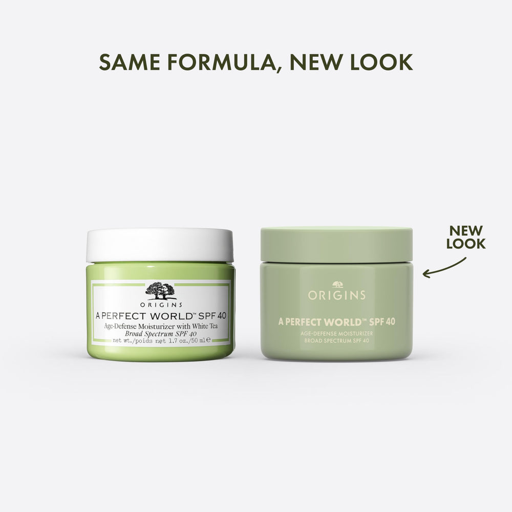 Origins A Perfect World moisturizer bottle side view highlighting compact packaging for easy daily use.