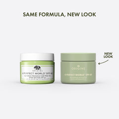 Origins A Perfect World moisturizer bottle side view highlighting compact packaging for easy daily use.