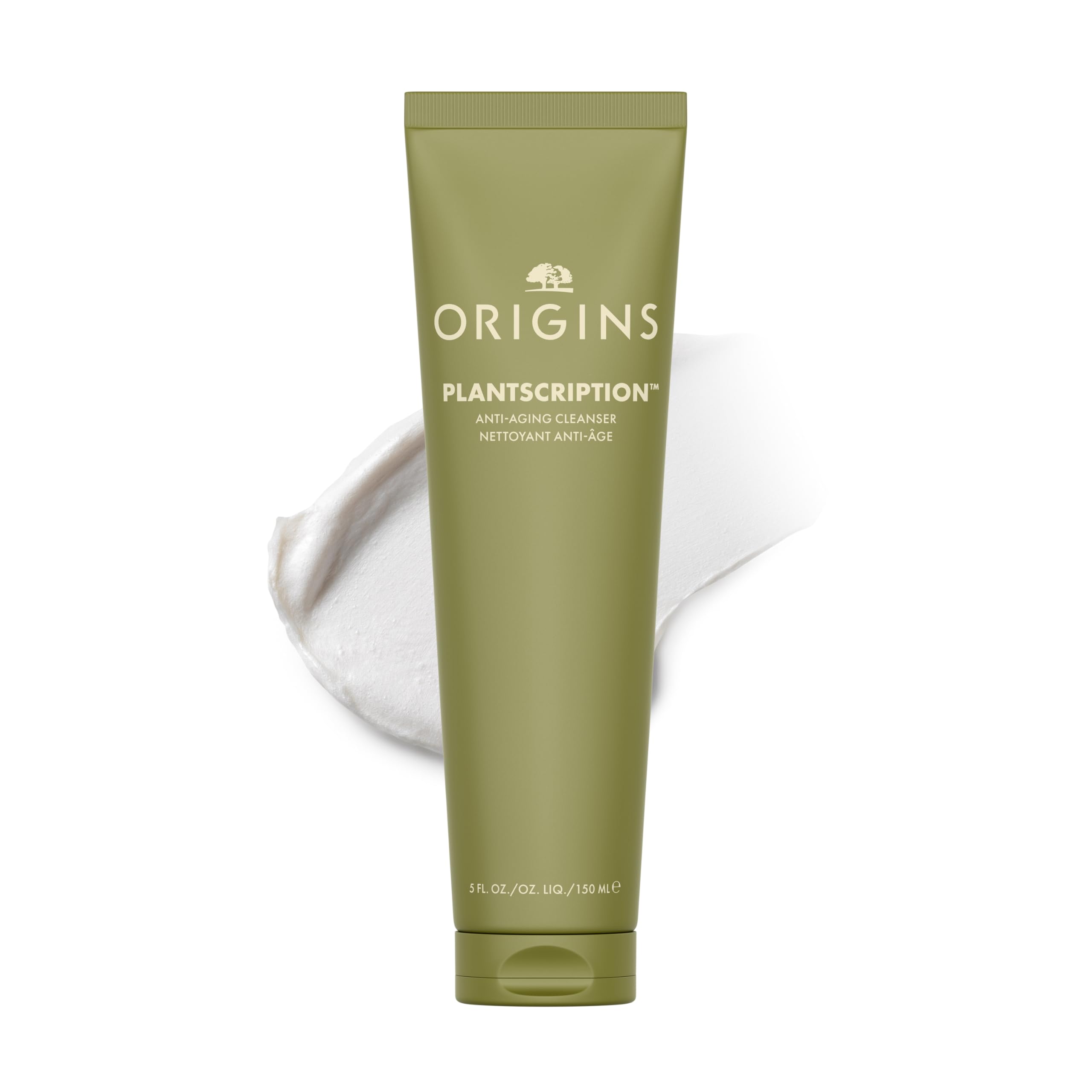 Origins Plantscription Anti-Aging Cleanser bottle shows gentle cleansing for radiant skin.