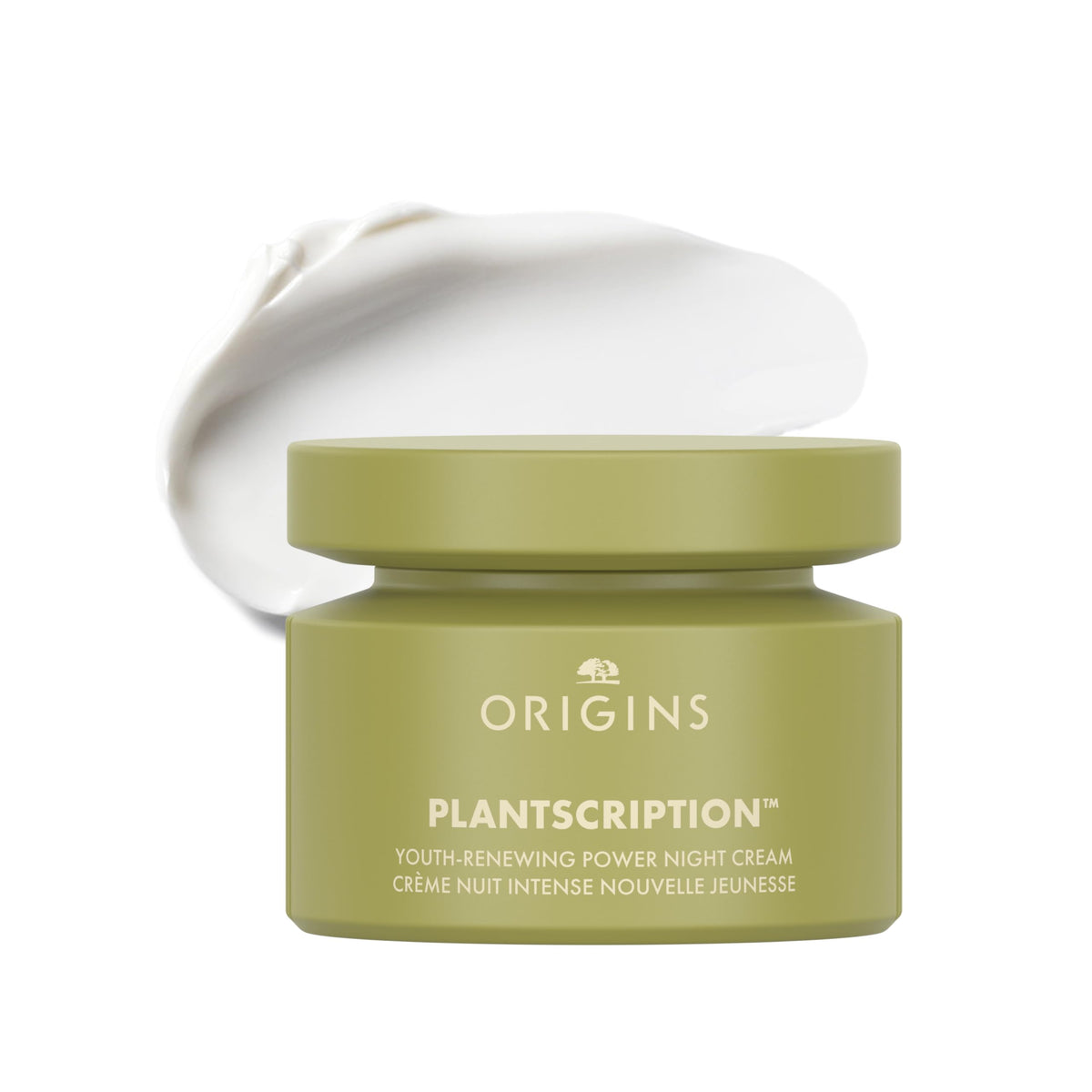 Origins Plantscription night cream bottle close-up for overnight hydration.