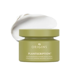 Origins Plantscription night cream bottle close-up for overnight hydration.