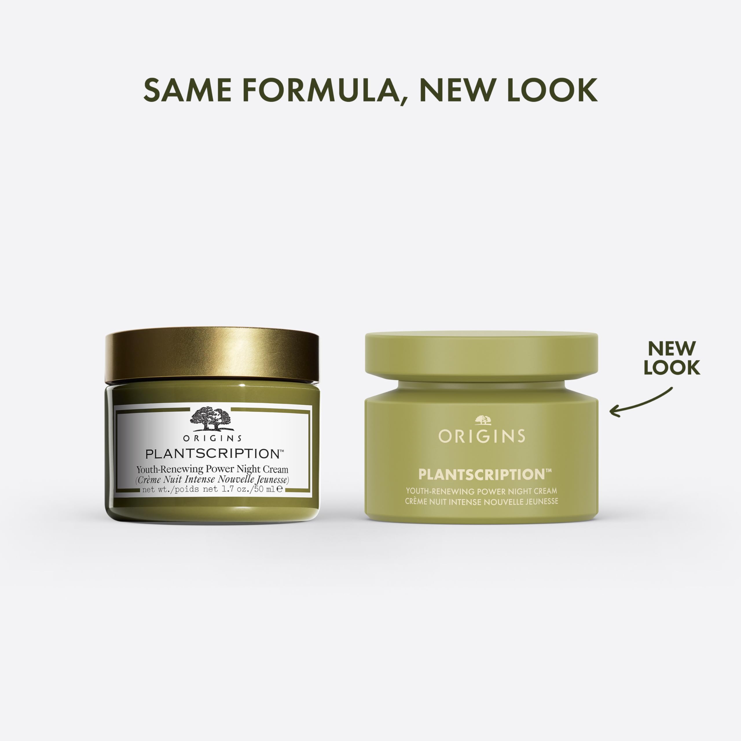 Origins Plantscription night cream jar close-up highlighting creamy texture.