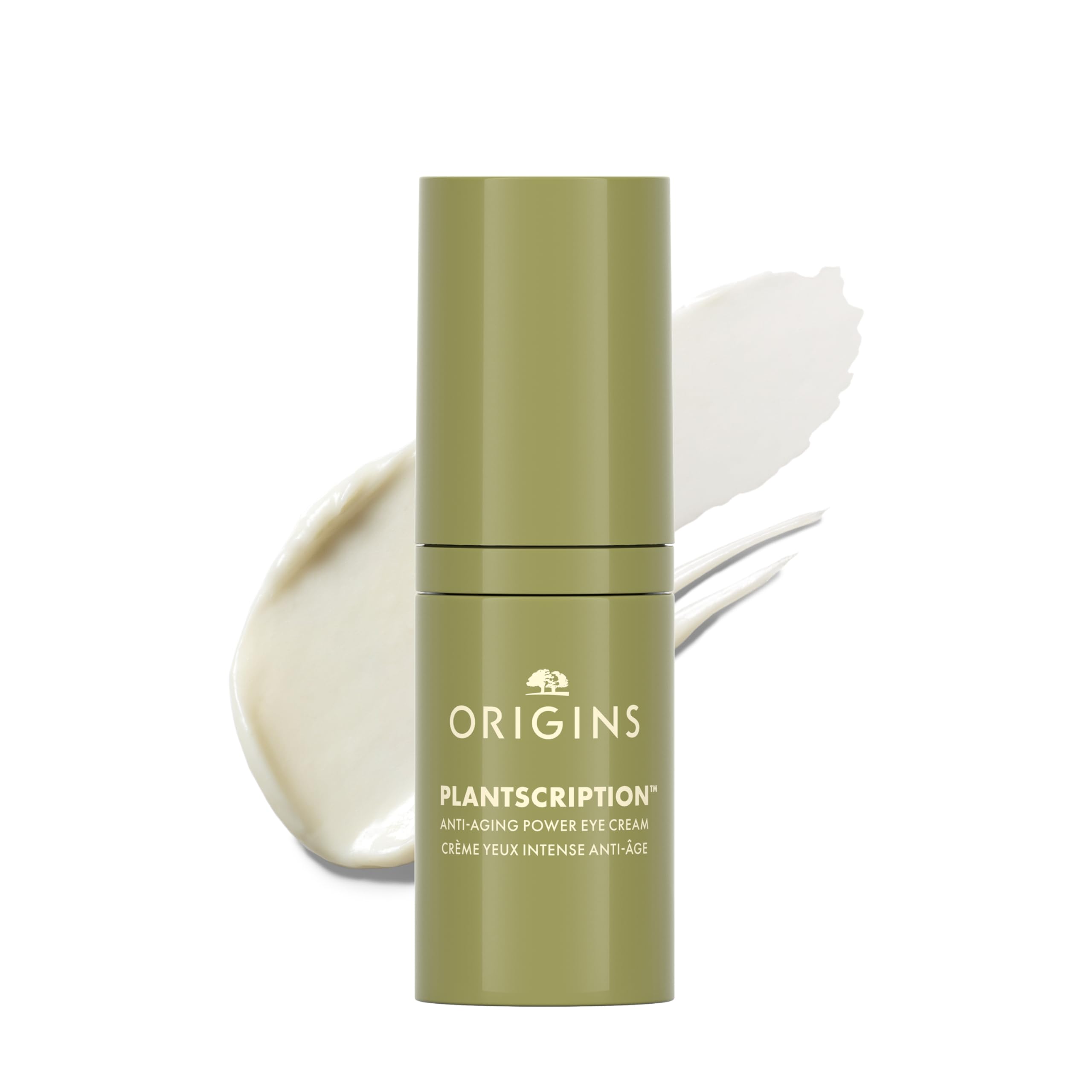 Origins Plantscription Power Eye Cream bottle with sleek packaging for smoother under-eye skin.