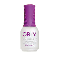 Orly Polishield bottle top coat highlights a glossy finish that lasts.