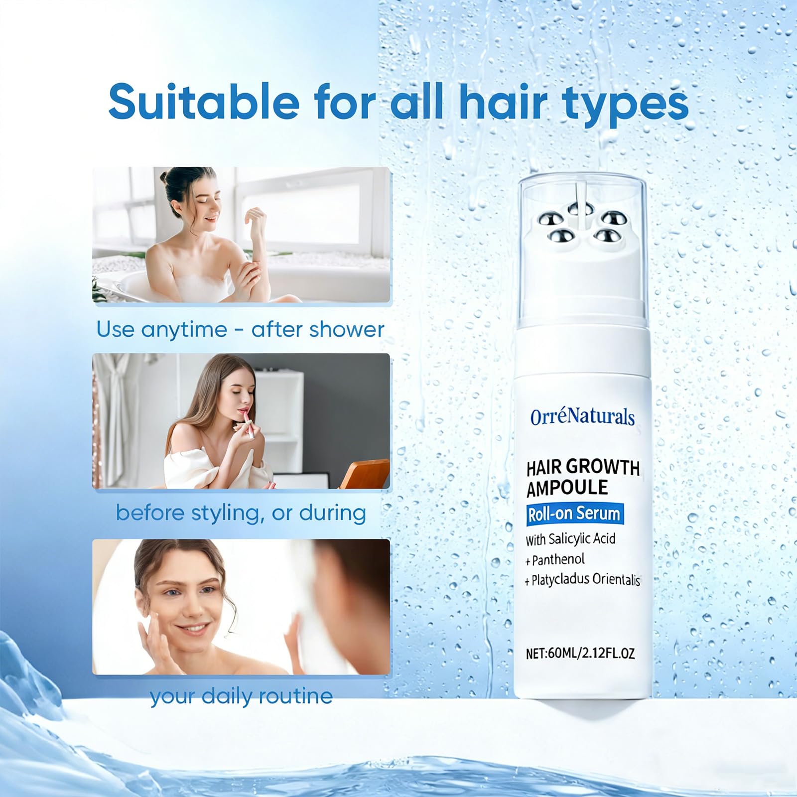 Orrenaturals Easy Roll-On Usage Steps for scalp care.