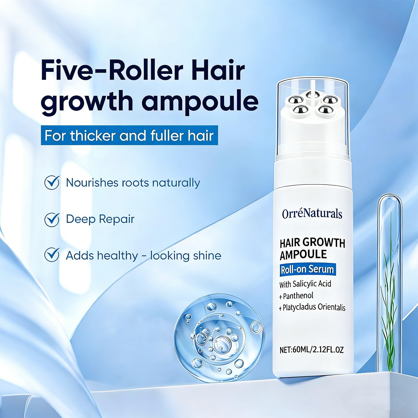 Orrenaturals Hair Growth Serum Roll-On during application provides targeted hydration.