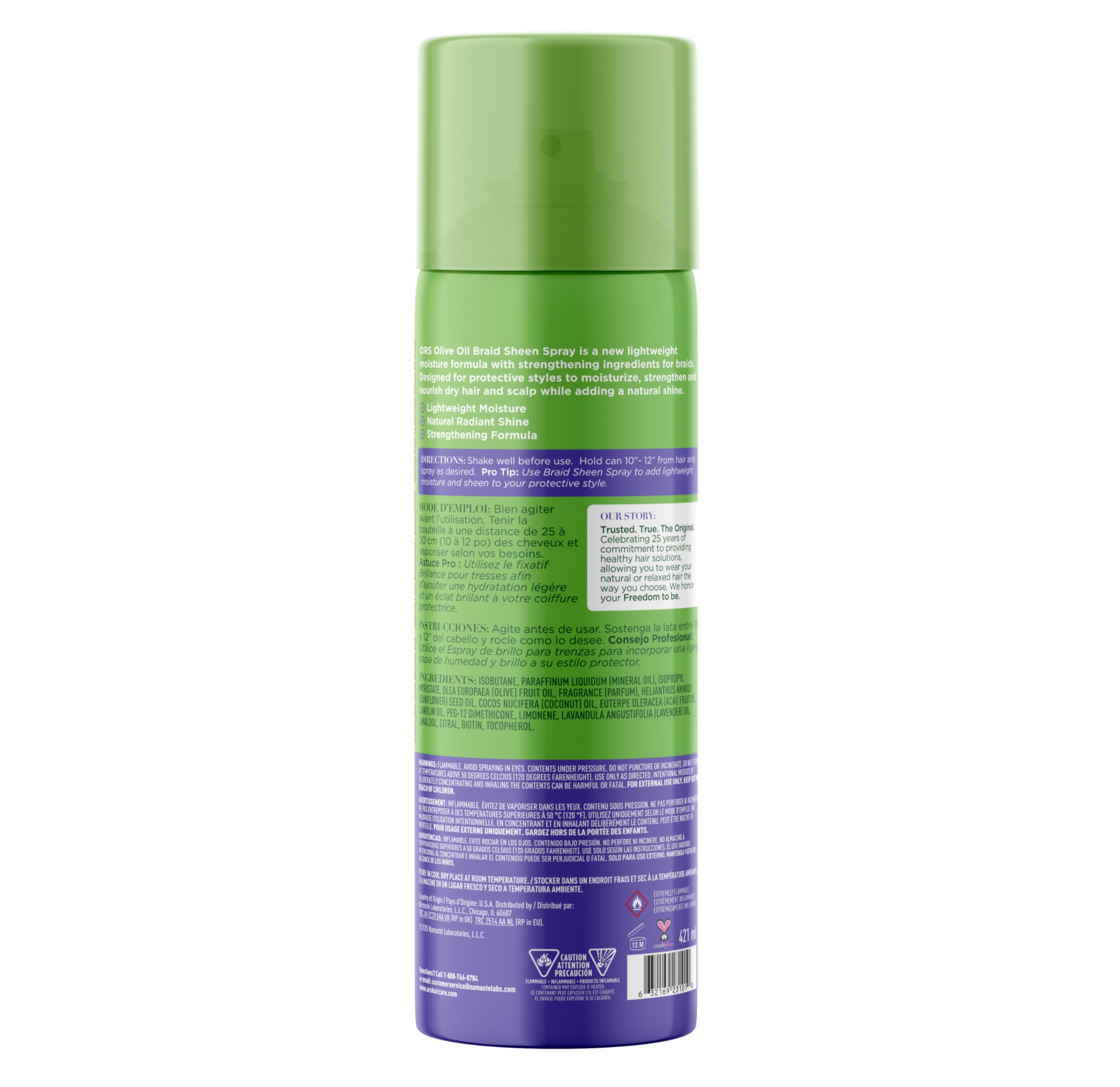 ORS Spray para trenzas, aplicación suave y brillo ligero.