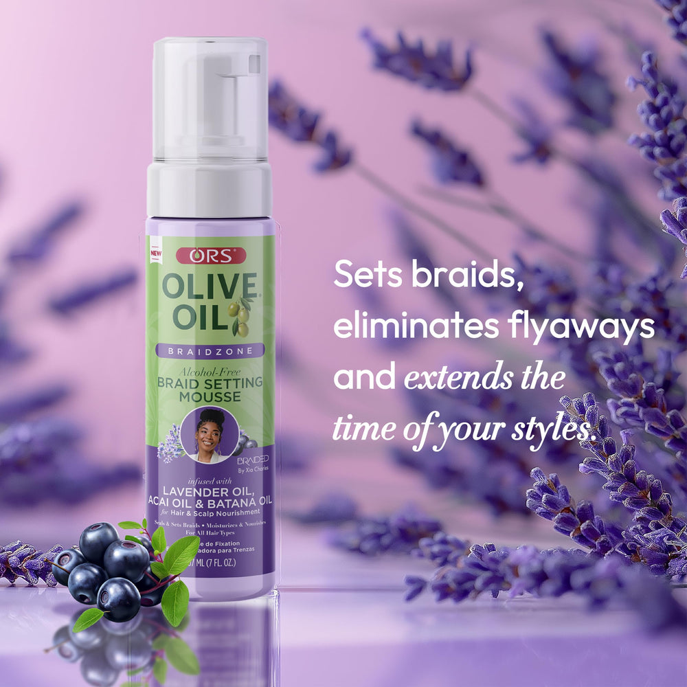 ORS Braidzone Mousse controla el encrespamiento sin alcohol para cuero cabelludo sensible.