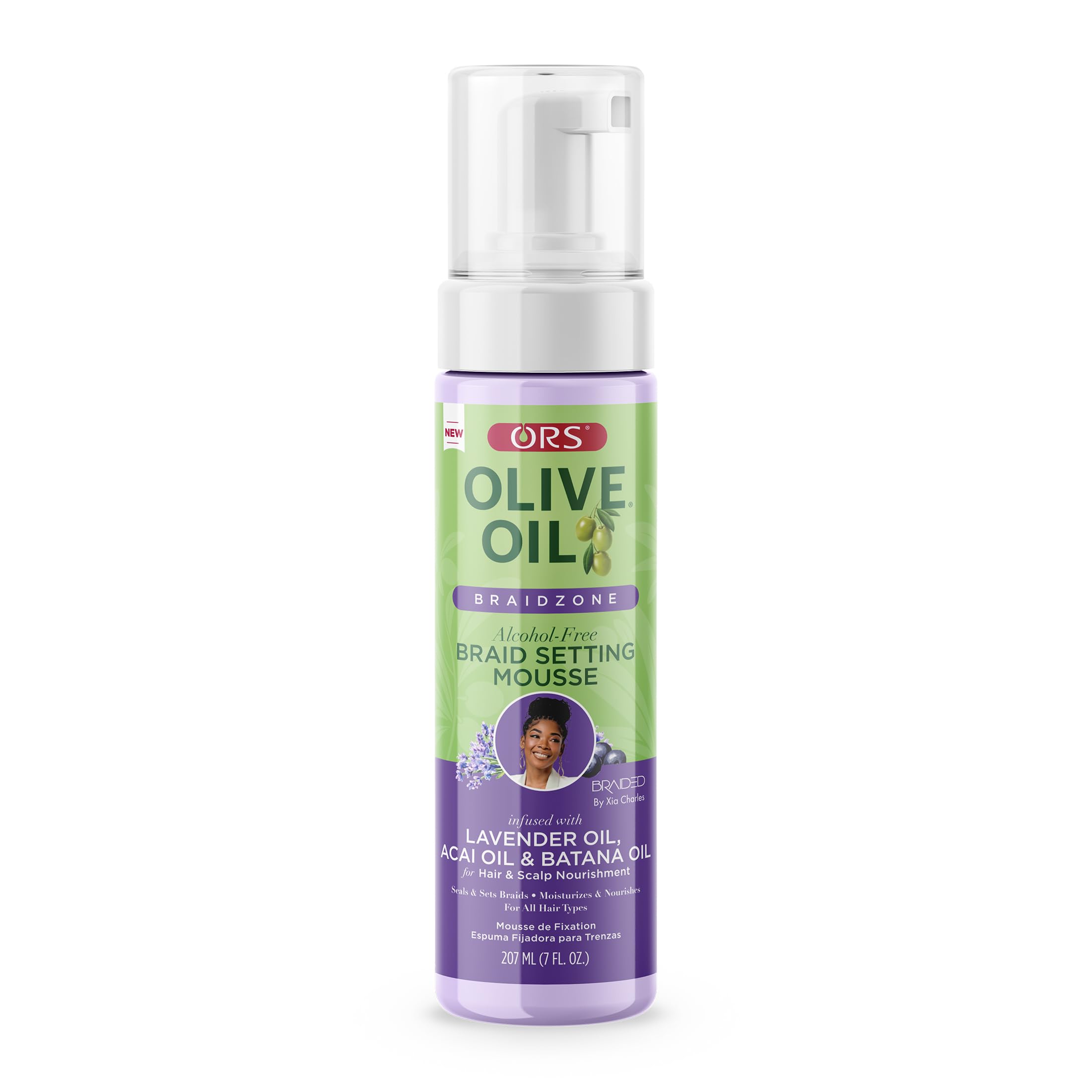 ORS Braidzone Mousse Lavanda envase destacado para un peinado suave y definido.