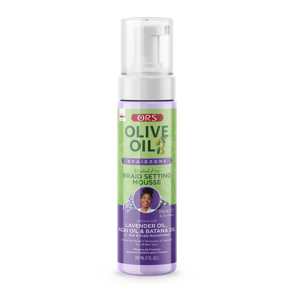 ORS Braidzone Mousse Lavanda envase destacado para un peinado suave y definido.