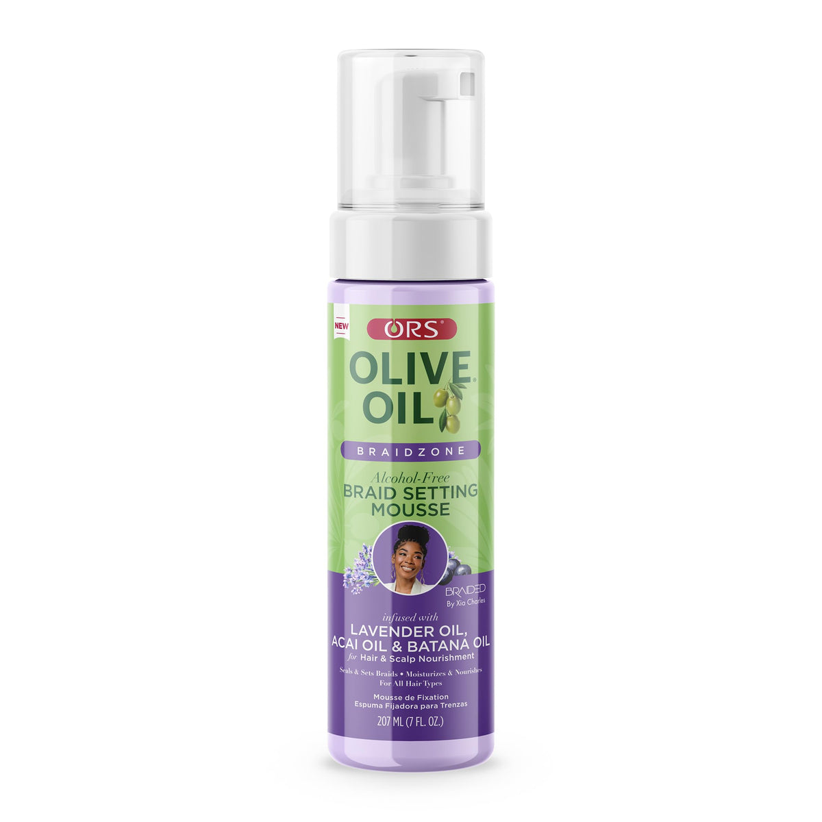 ORS Braidzone Mousse Lavanda envase destacado para un peinado suave y definido.