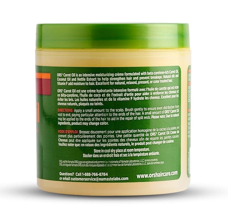 ORS Carrot Oil Hair Cream tub highlights a rich conditioning formula that moisturizes without weighing hair down