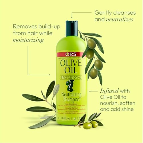 Etiqueta del champú ORS con aceite de oliva, información de uso y beneficios.