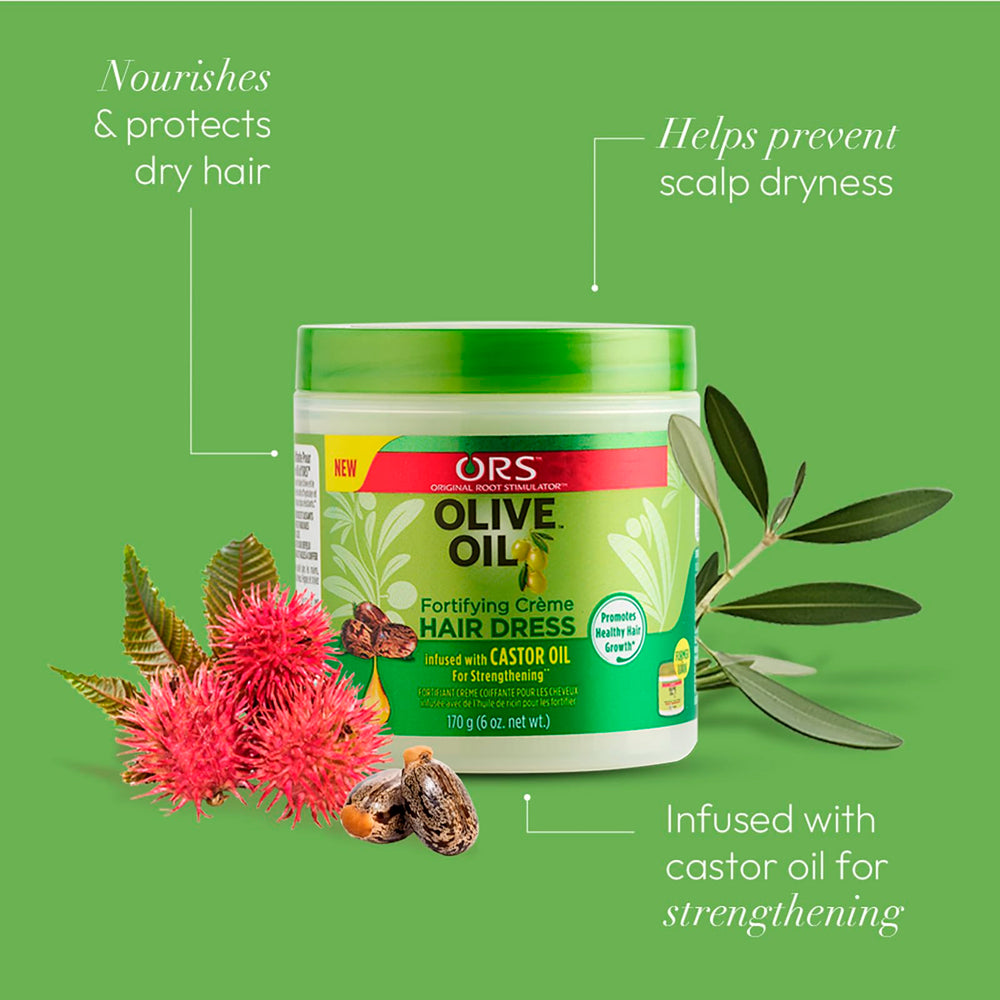 ORS Crema Aceite Oliva, enfoque en textura sedosa para peinados fáciles.