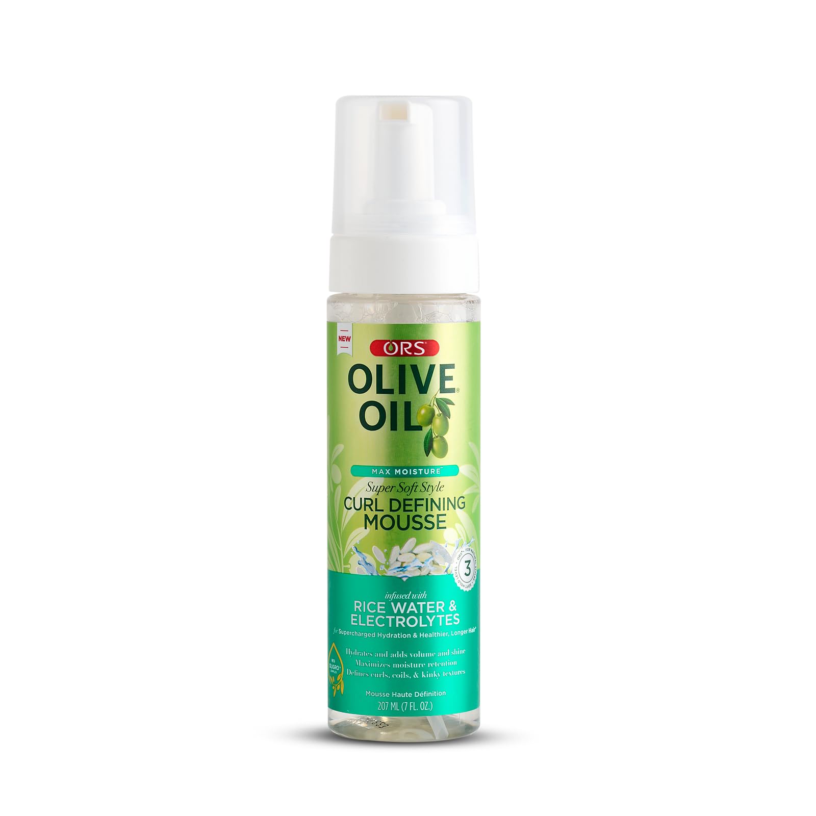 ORS Olive Oil Max Moisture Mousse bottle front showing lightweight curl hold.