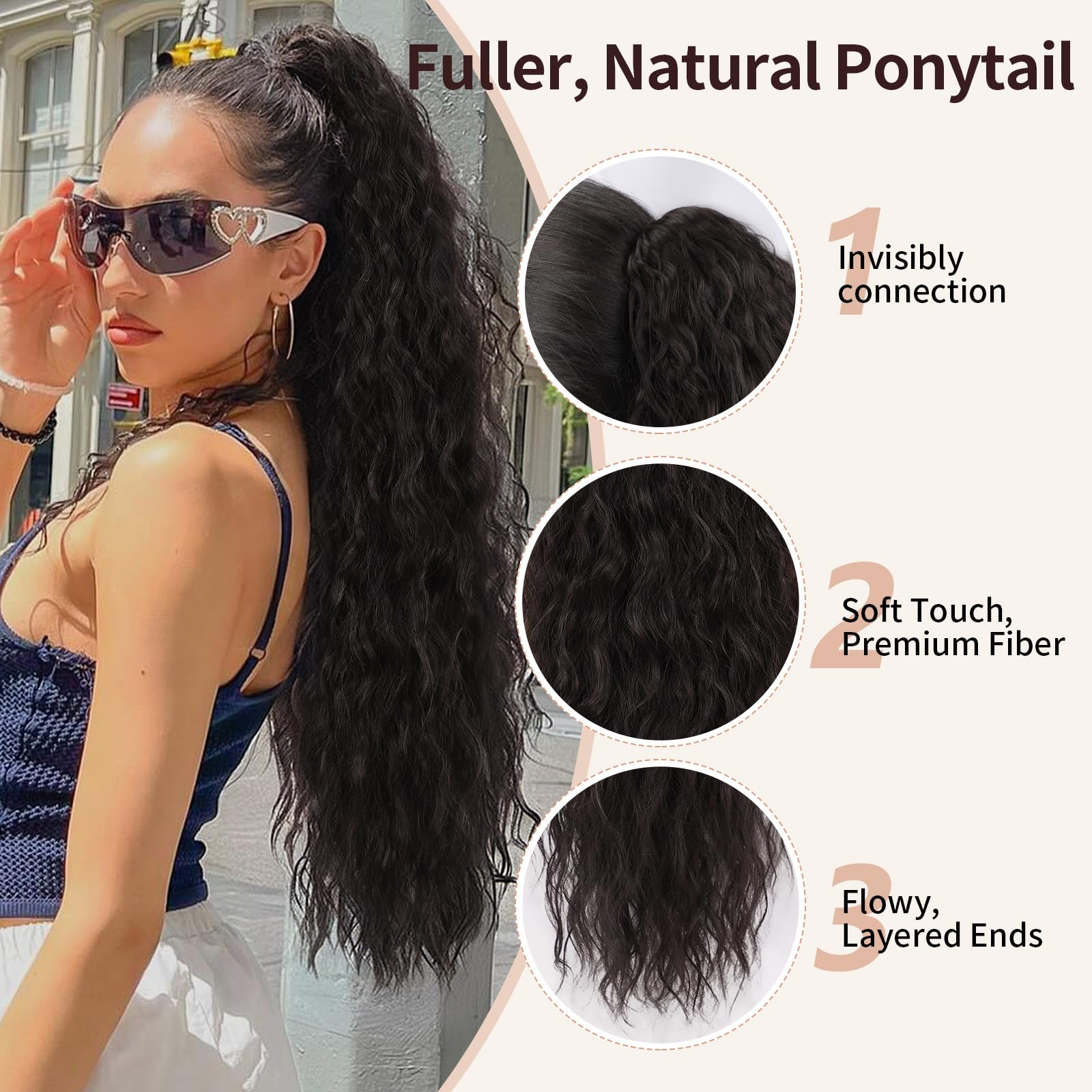 ORSUNCER 30inch wavy pony tail extension adds dramatic length and fluffy volume