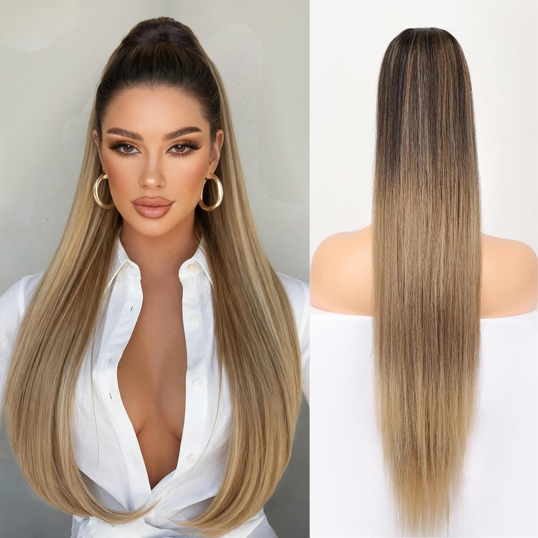 ORSUNCER drawstring ponytail close-up with clip-in for soft, natural texture