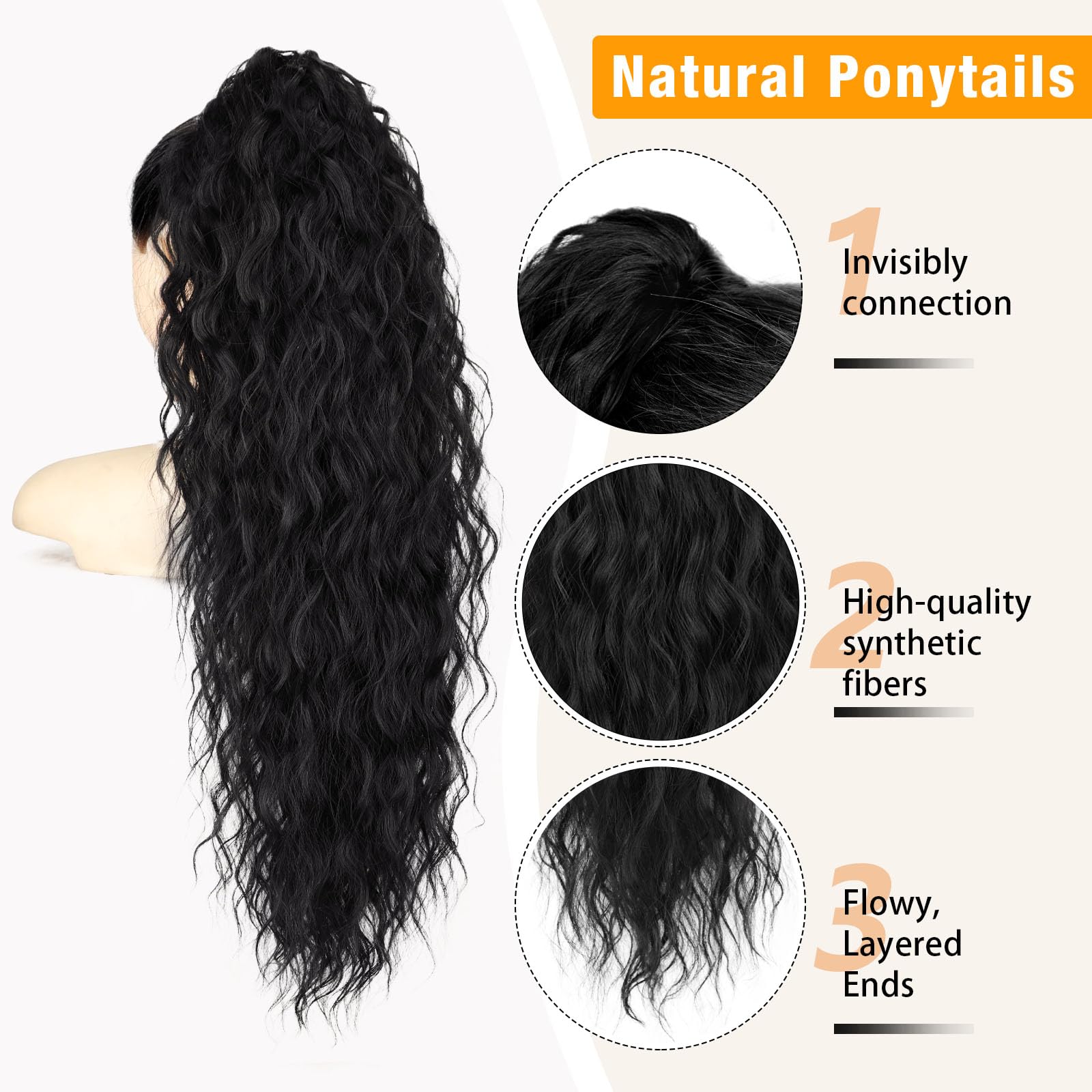 ORSUNCER ponytail extension close-up shows elastic claw clip for secure hold.