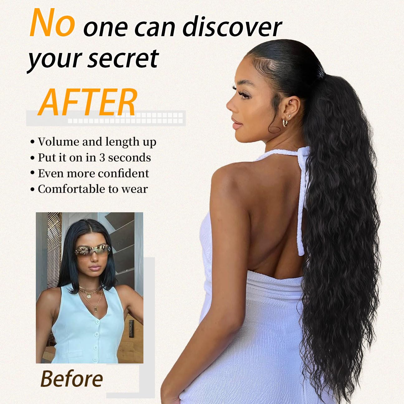 ORSUNCER ponytail extension worn over bun demonstrates quick one-step installation.