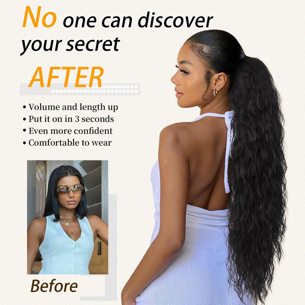 ORSUNCER ponytail extension worn over bun demonstrates quick one-step installation.