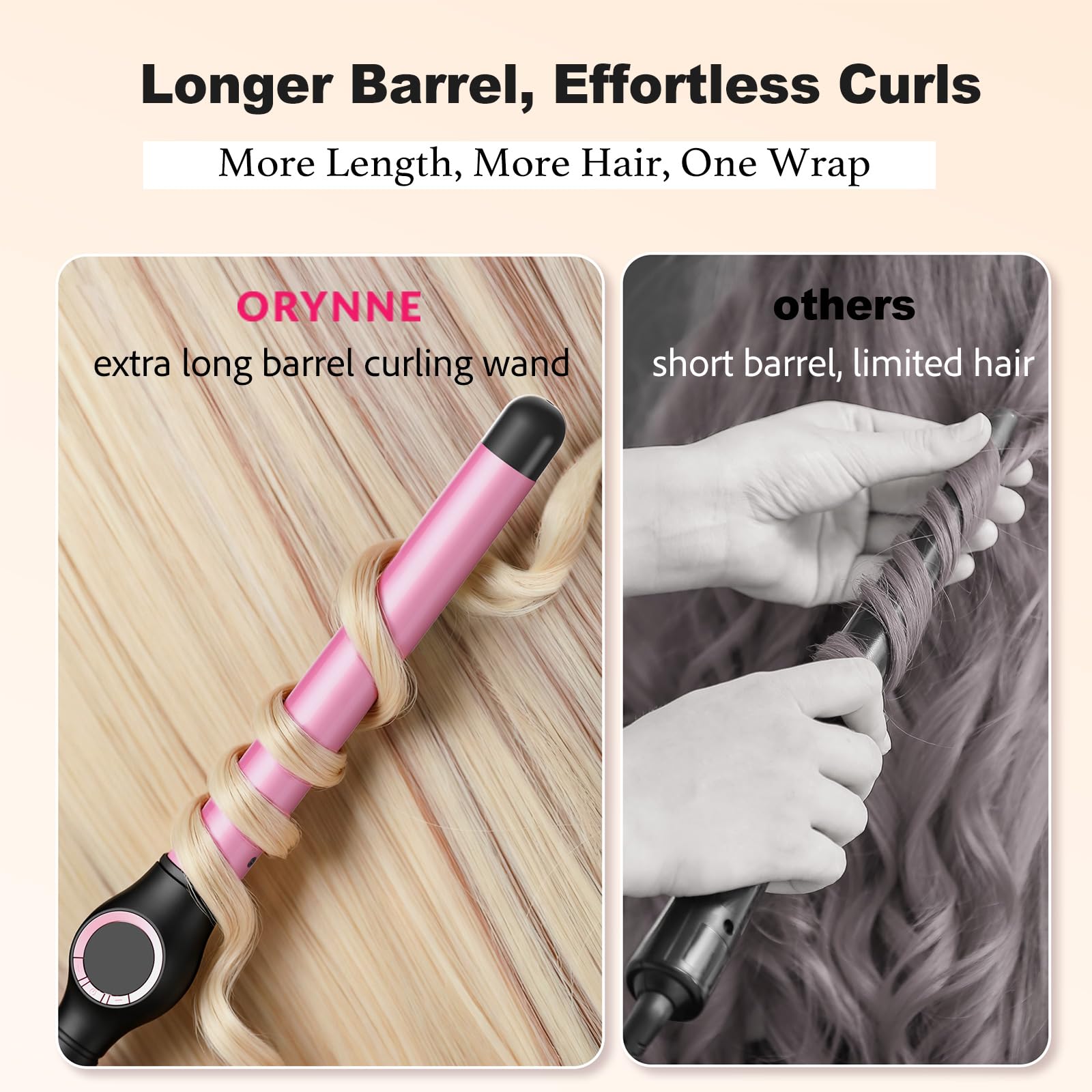 ORYNNE argan oil infused ceramic barrel for smoother, shinier curls.