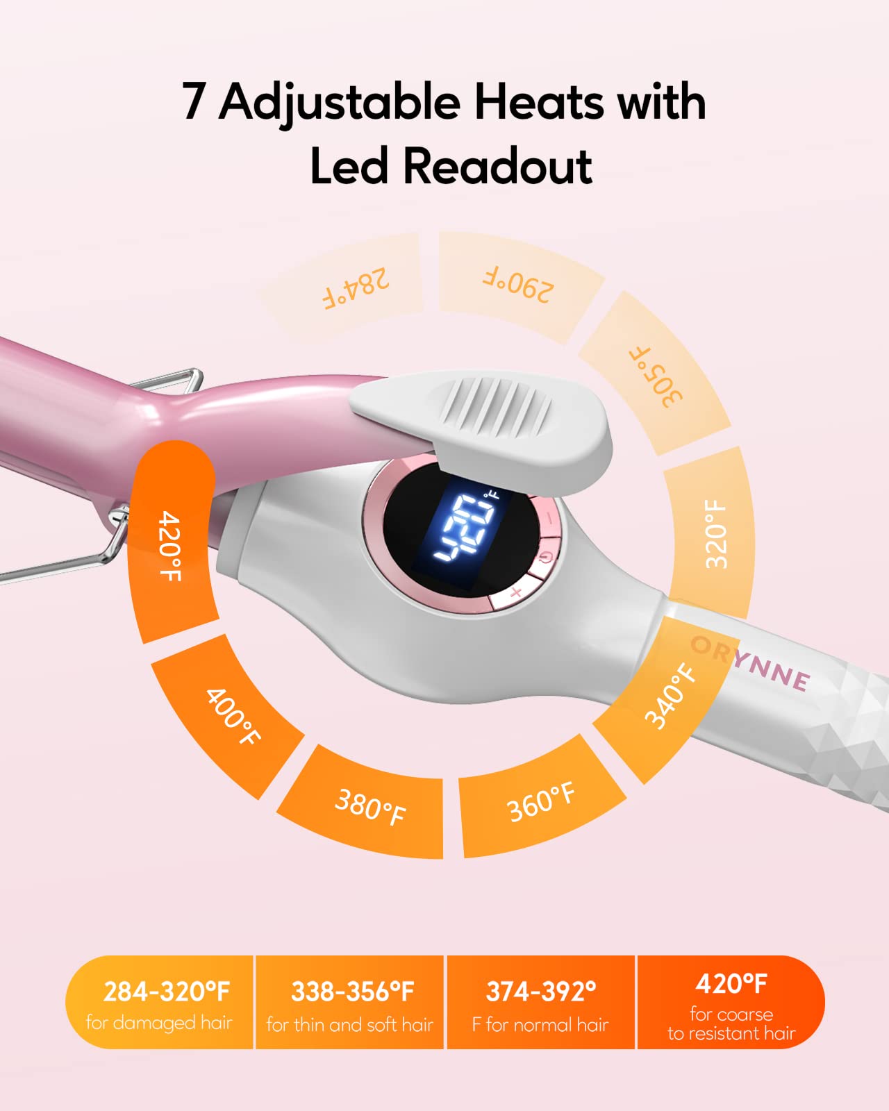 ORYNNE Ceramic Curling Iron offers 7 heat settings for various hair textures.