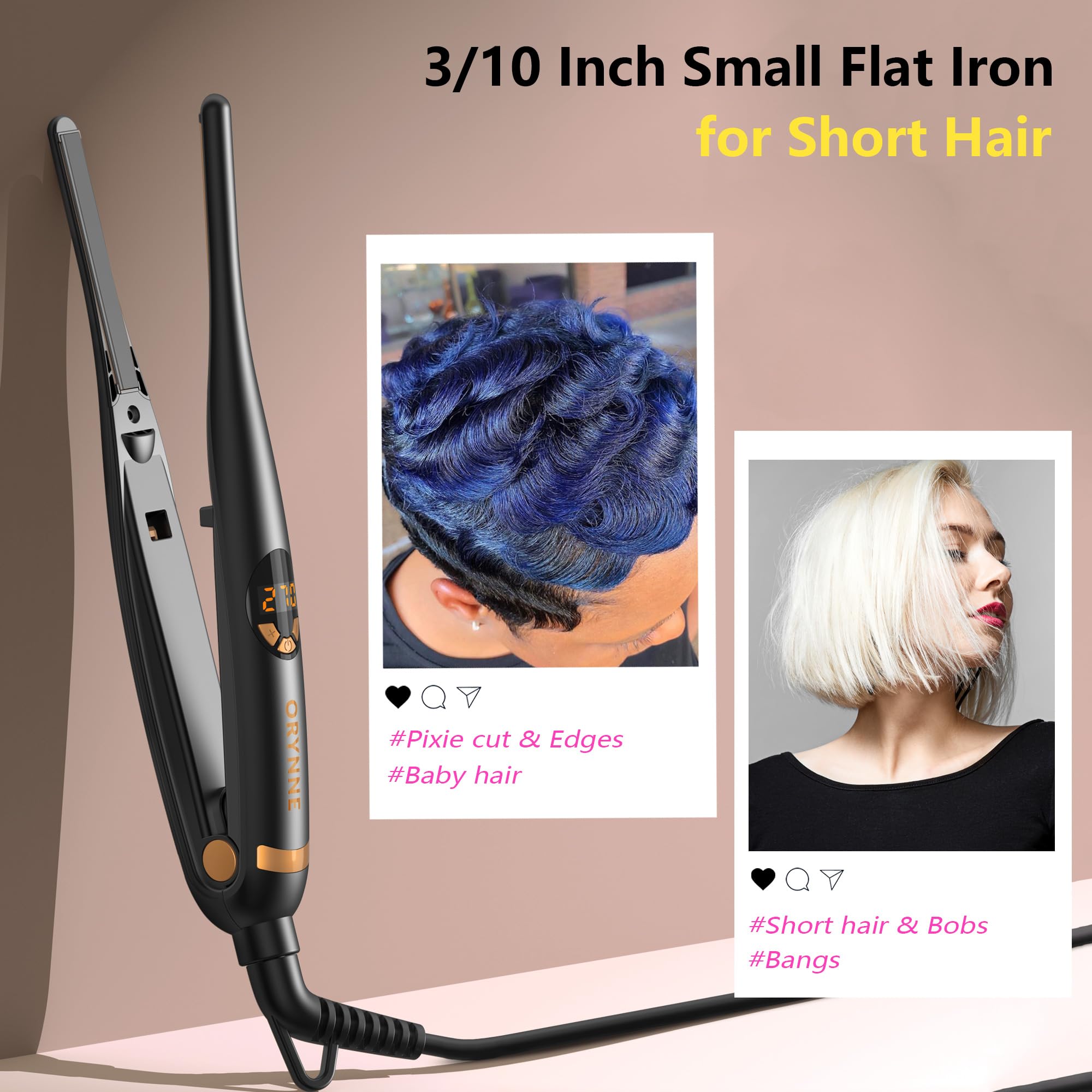 ORYNNE mini edge flat iron 5s heat up for fast styling on the go.