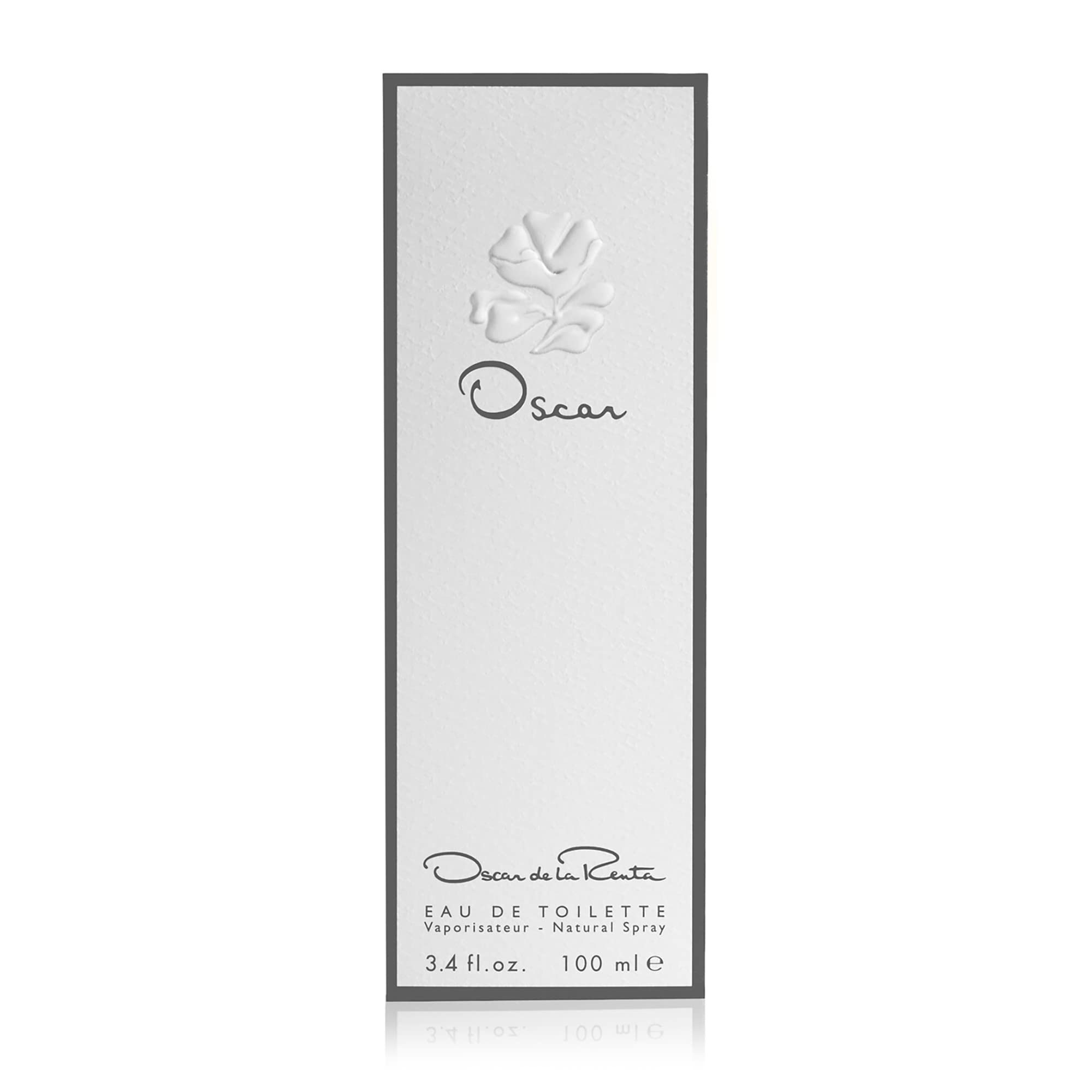 Side-view of Oscar de la Renta EDT bottle shows logo and design.