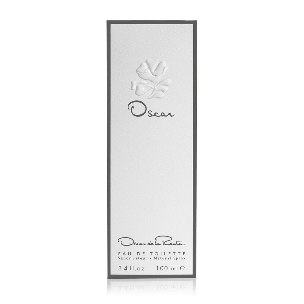 Side-view of Oscar de la Renta EDT bottle shows logo and design.
