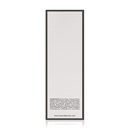 Closeup label on Oscar de la Renta EDT packaging confirms authentic fragrance.
