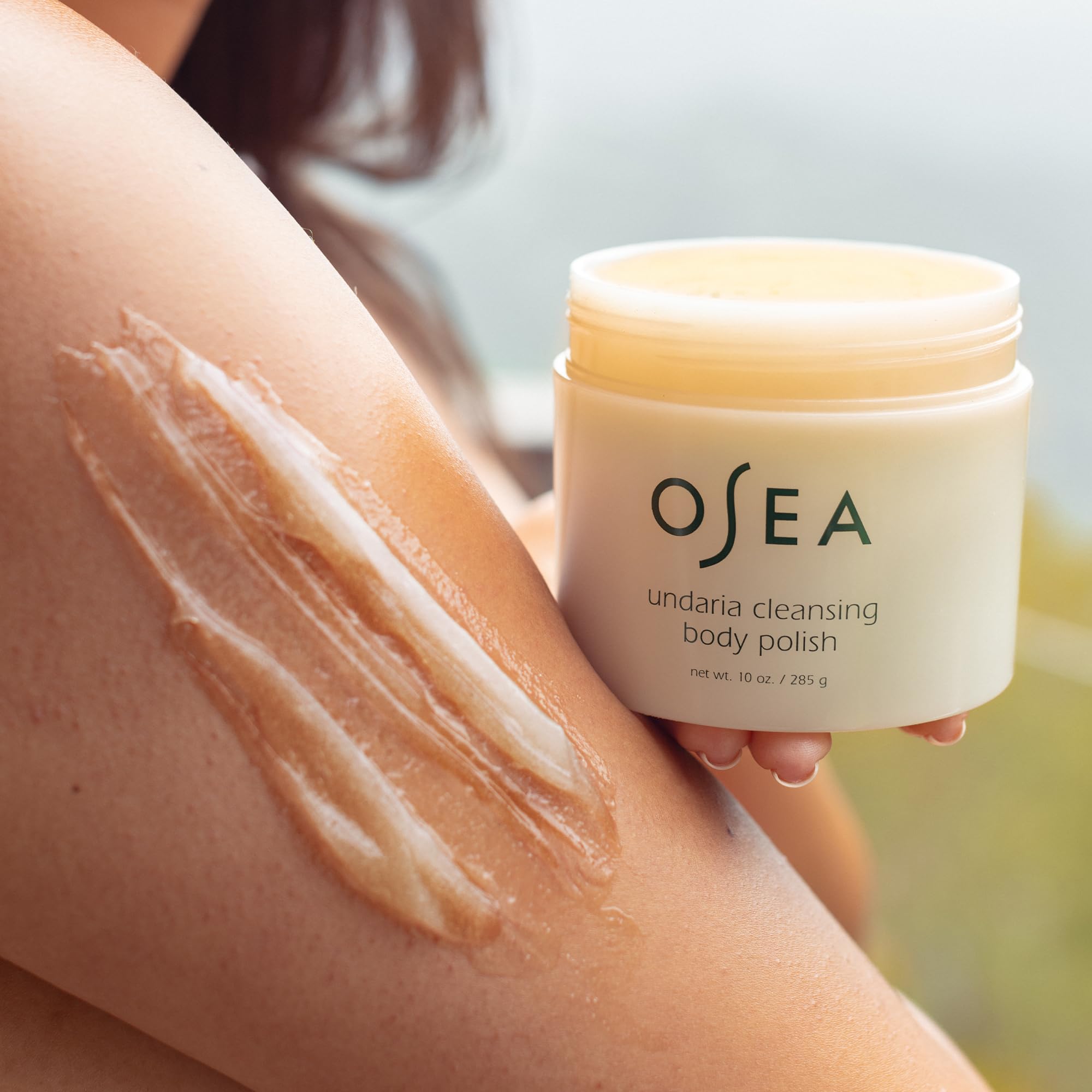OSEA Undaria gel-to-milk transition demonstrates dual-action exfoliation on damp skin.