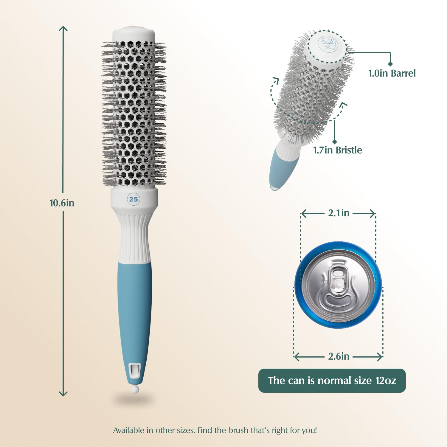 Osensia round brush barrel close-up shows a 1-inch styling barrel for precise control.