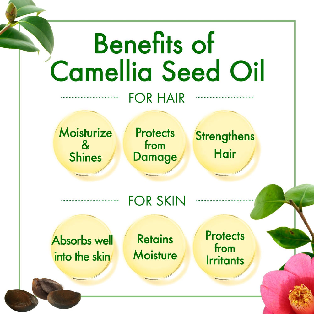 Oshima Tsubaki Camellia Seed Oil label closeup emphasizing purity and mineral free formula