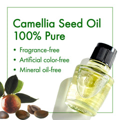 Oshima Tsubaki Camellia Seed Oil packaging with English leaflet for easy care