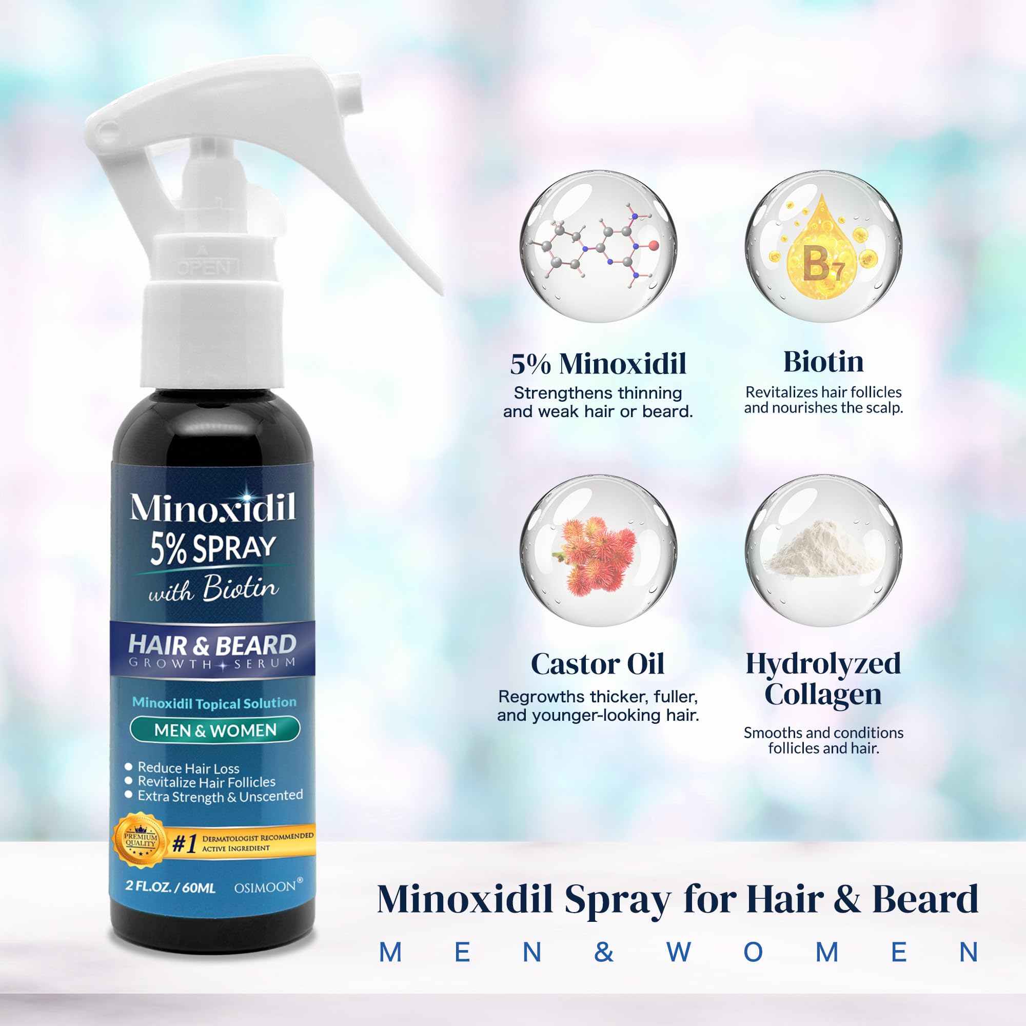 OSIMOON Minoxidil 5% spray being dispensed for easy daily scalp application