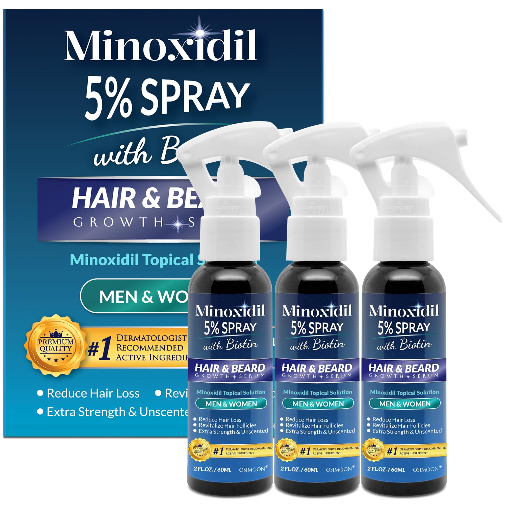 OSIMOON Minoxidil 5% hair spray bottle on clean backdrop, supports stronger-looking hair