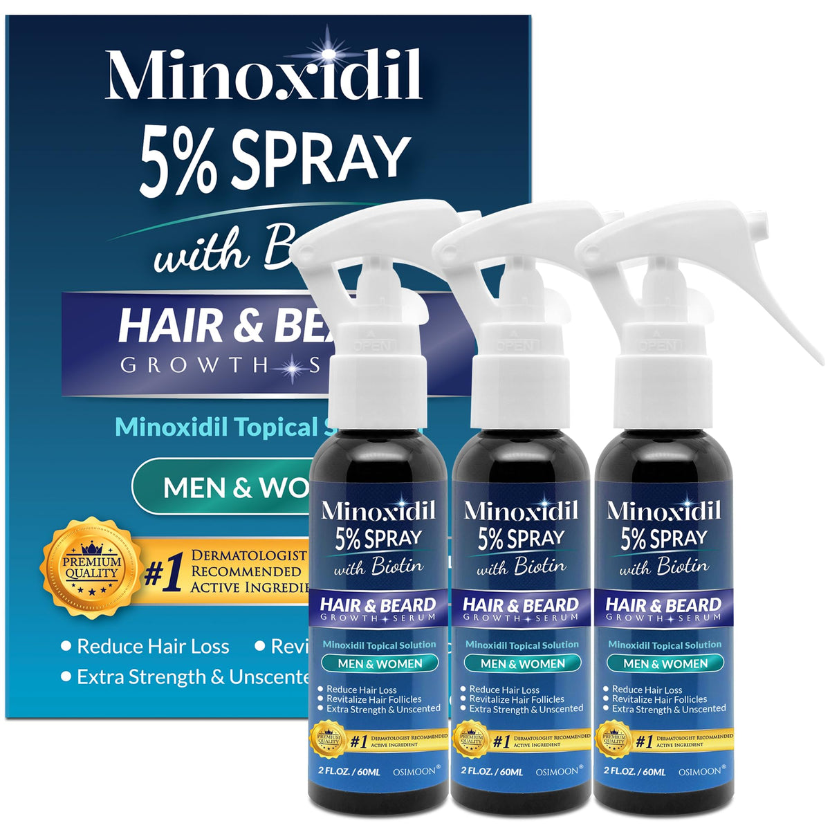 OSIMOON Minoxidil 5% hair spray bottle on clean backdrop, supports stronger-looking hair