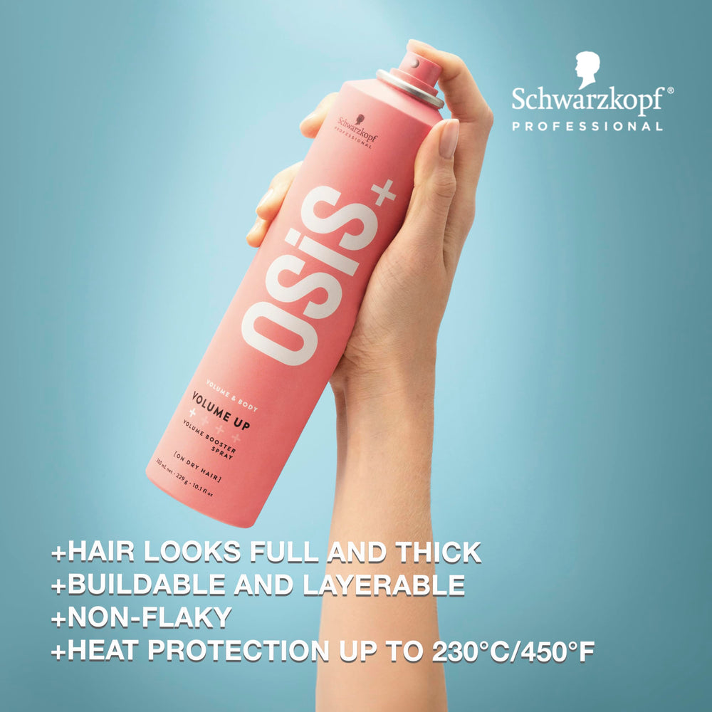 OSiS+ Volume Up dry hair application highlights quick volumizing hold.