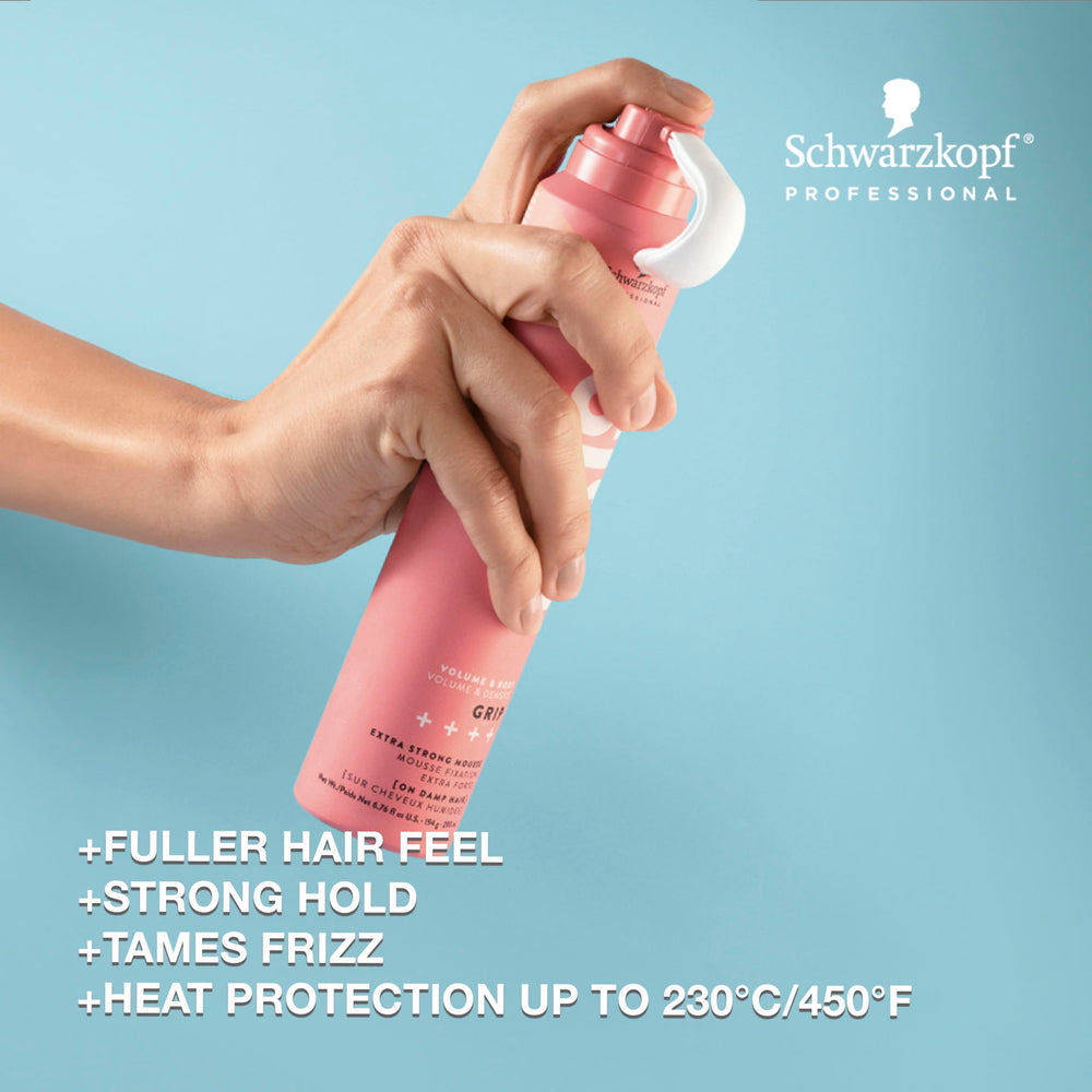 OSiS+ Grip Extreme Hold Mousse añade volumen intenso para peinados llamativos.